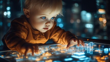 Poster - A young child with bright blue eyes interacts with a futuristic touchscreen interface, illuminated by the cityscape behind them.