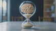 © P.G - Brain held within hourglass, sand flowing out, representing time-bound mental clarity, minimal background