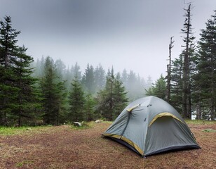 a camping tent with coniferous forest and mountains