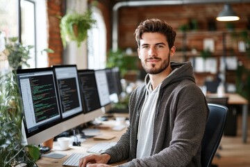 Code Developer. Young man programmer with beard in casual hoodie codin