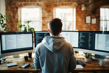 software developer in a hoodie coding on multiple screens in a tech startup office