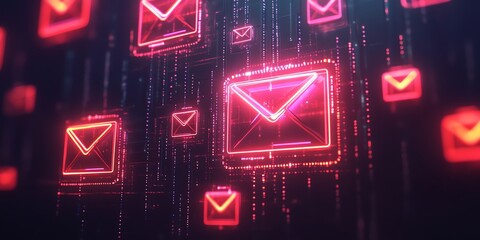 Poster - Abstract digital glowing neon red mail icons floating in a digital space with lines of code.