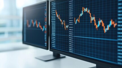 Wall Mural - close-up of financial market data on dual computer screens displaying stock price trends, analyzing 