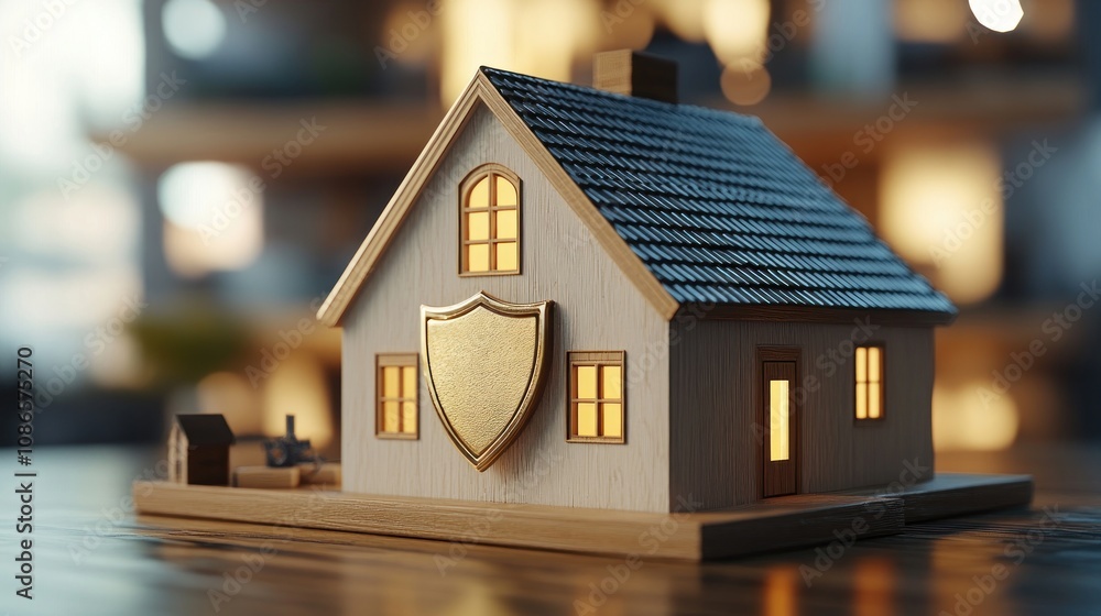 Property Insurance In3d 3D rendering of a house with a house shield, symbolizing home insurance ...