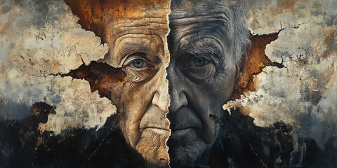 Aufkleber - Abstract painting of an elderly man's face split in half by a crack. The crack is surrounded by a textured background.
