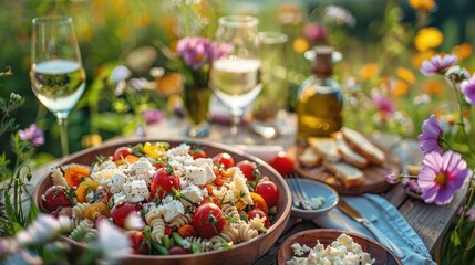 Wall Mural - A vibrant outdoor picnic scene featuring a colorful pasta salad, wine glasses, olive oil, and blooming flowers, creating a fresh and inviting atmosphere.