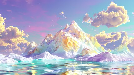 Wall Mural - digital technology rainbow holographic mountains clouds illustration poster background