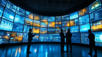 Wall Mural - A futuristic control room filled with large screens displaying data and analytics, where silhouettes of people engage with the information.