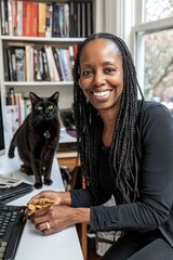 Wall Mural - A woman smiles while holding a handful of treats for her black cat. AI.