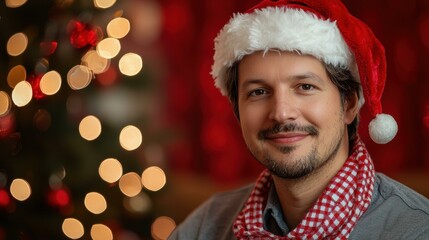 Poster - A man in a Santa hat smiles brightly. AI.