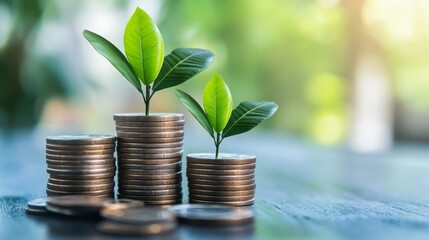 Poster - A stack of coins with small green plants growing from the top, symbolizing financial growth and sustainability.