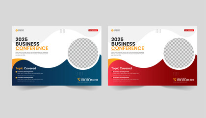Wall Mural - Corporate horizontal business conference flyer template design. Business conference template banner design or online webinar and technology conference social media banner 