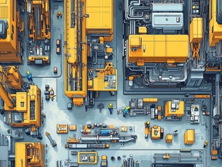 Poster - An aerial view of a busy factory floor, with workers in yellow vests and various machinery.