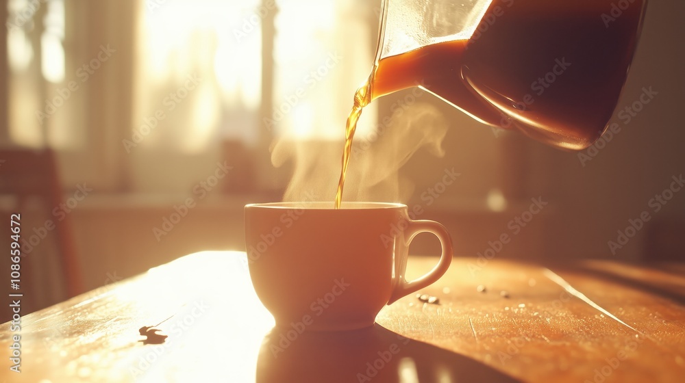 teae being poured into a tea cup on a wooden table, with sunlight ...