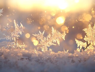 Wall Mural - a close-up of frost crystals delicately forming on a windowpane with soft morning light creating a s