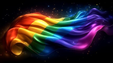 Wall Mural - Vibrant Animated Abstract Depiction of Colorful Waves with a Rainbow Pattern Flowing Through a Cosmic Background