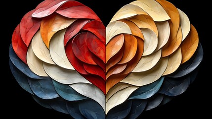 Wall Mural - An Expressive Painting Dominated by Bold Reds, Featuring Intricate Leaf Patterns in a Heart Shape with Vibrant Colors Forming a Unique Visual Statement