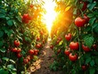 © Prasert - Sun-drenched tomato garden with vine covered plants and ripe red tomatoes, ripe red tomatoes, sun drenched tomato garden, abundant harvest
