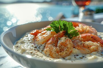 A delicious bowl of shrimp and creamy grits garnished with fresh herbs, set against a sparkling water backdrop.