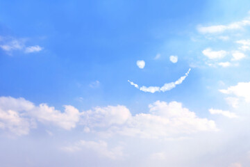 Feeling happy and good mood concept. Funny cloud emoji on blue sky background