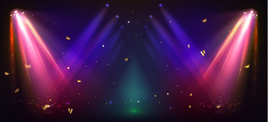 Wall Mural - concert stage light and confetti on black background. vector realistic illustration of blue and oran