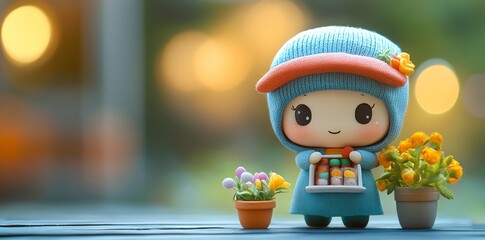 Cute clay doll girl with a box of sweets in her hands, standing between two flower pots in a warm, sunny garden setting.