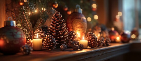 Wall Mural - a collection of winter-themed decorations on a mantelpiece featuring pinecones candles and small orn