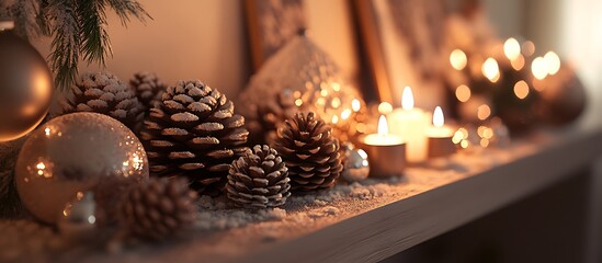 Wall Mural - a collection of winter-themed decorations on a mantelpiece featuring pinecones candles and small orn