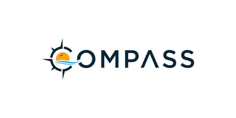 Combination of compass, sea, sunset typography logo