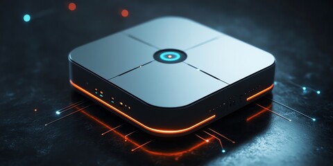 Aufkleber - Futuristic silver device with glowing orange edges and blue light on a dark background.