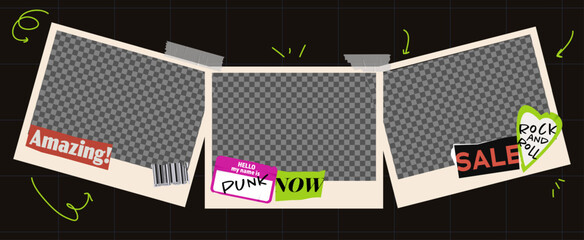 Wall Mural - vector template of photo frames collage. transparent banner with grunge and punk stickers for scrapb