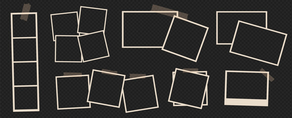 Wall Mural - vintage photo frame vector set with film collage template at the transparent bg as a png. realistic 