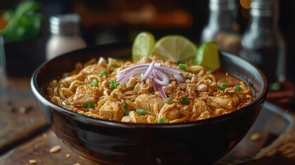 Canvas Print - A vibrant bowl of flavorful noodles topped with peanuts, onions, and lime, creating a delicious and visually appealing dish.