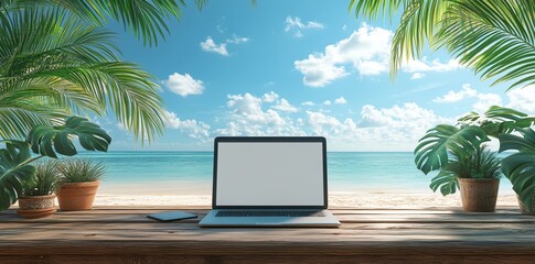 Laptop on a wooden table with a view of a tropical beach.