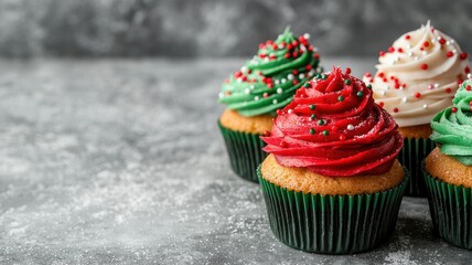 Festively decorated cupcakes topped with vibrant red and green frosting, adorned with colorful sprinkles, perfect for holiday celebrations.