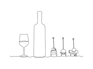 Wall Mural - Glass bottle with wine,port, alcohol. wine glass, sandwiches canapes on skewers, continuous single line art drawing sketch, logo