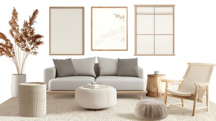 Poster - Japandi-design living space with grey seating, beige couch, and framed wall decor.