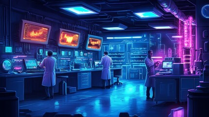 Aufkleber - Three scientists working in a futuristic laboratory with glowing screens and advanced technology.