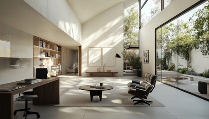 Poster - Natural light floods the minimalist, sleek Scandinavian design home office.