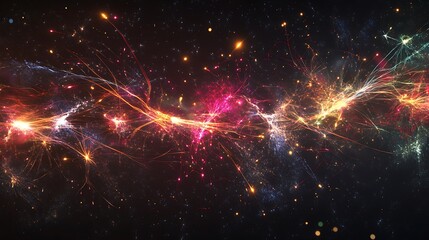 Wall Mural - abstract colorful glowing lines and particles on dark background.