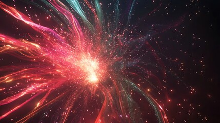 Wall Mural - abstract colorful glowing lines radiating from a central point in a dark background, resembling a co