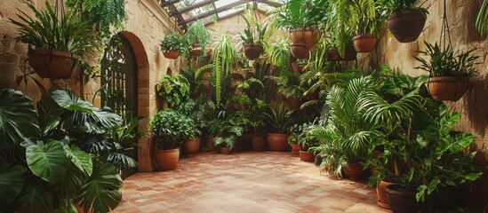 Wall Mural - Indoor garden room under a skylight filled with ferns and hanging plants.