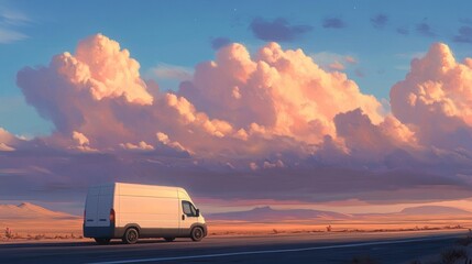 Aufkleber - A white van drives along a road under a sky filled with colorful clouds at sunset.