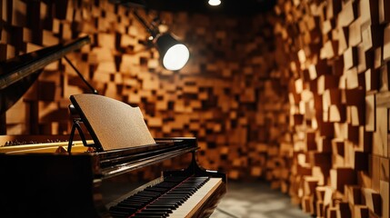 Aufkleber - A grand piano in a soundproof room with wooden walls and focused lighting.