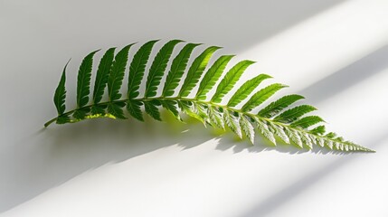 Aufkleber - A vibrant green fern leaf rests on a light surface, showcasing its intricate details and shadows.