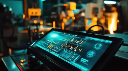 Poster - A futuristic control panel displaying various metrics in an industrial setting.