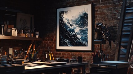 Poster - A cozy workspace featuring art and tools amidst a rustic brick backdrop.
