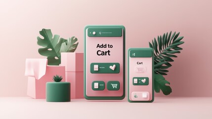 Aufkleber - A digital shopping interface displayed on stylized mobile devices with a minimalist design.