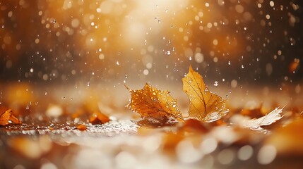 Poster - A close-up of autumn leaves on a wet surface, glistening in soft rain with a warm bokeh background.