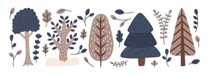 Winter forest trees with snow and winter botanicals, plants, leaves. Winter botany set. Hand drawn vector illustration in simple flat style with texture for textiles, scrapbooking, merchandise, cards.